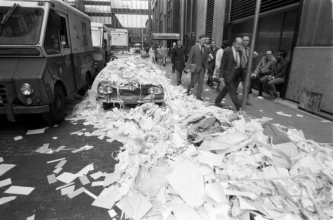 A car covered in ticker tape after the parade for the 1969 Mets (Denis Cameron/Shutterstock)